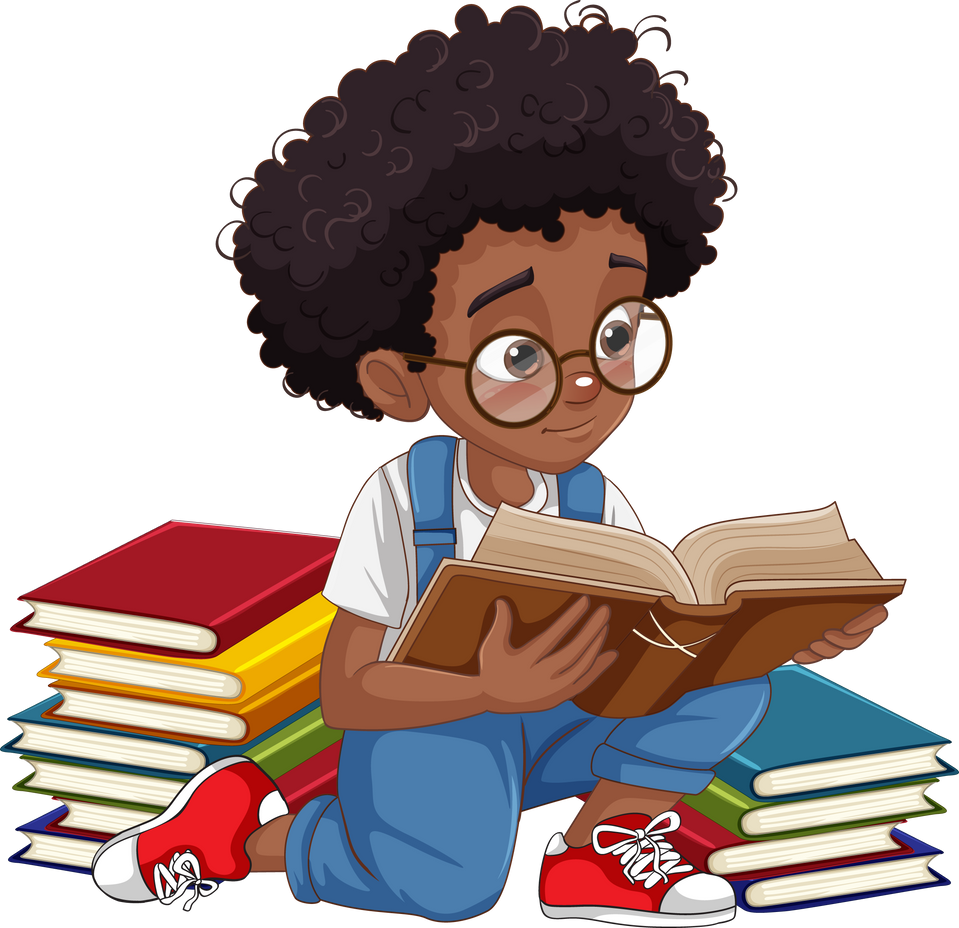 Afro African with Curly Hair Boy Reading a Book